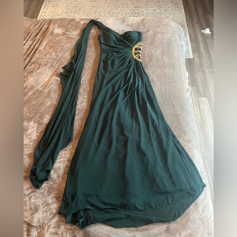 Elegant Green Evening Dress -Grecian Style with flowy accent and Side Cutout